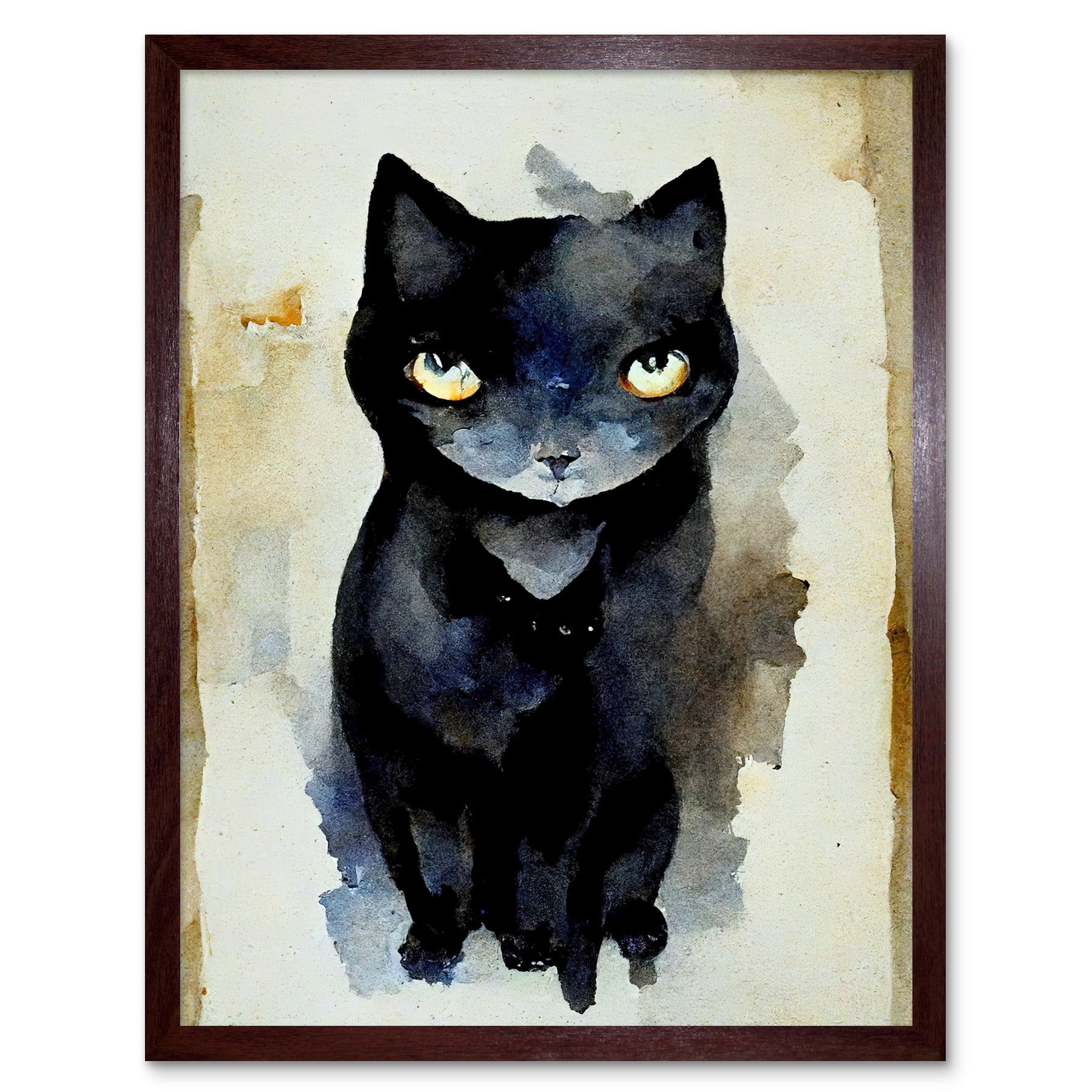 Curious Black Cat Watercolour Painting Art Print Framed Poster Wall ...