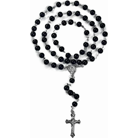8mm Rosary Beads Necklace, Rosary Beads Catholic for Men and Women Comes in Transparent Pouch, First Communion Rosary Necklace as Gifts (Black)