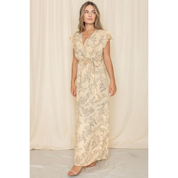 Pastel Yellow Floral Line Drawing Flutter Sleeve Surplice Maxi Dress with Sash