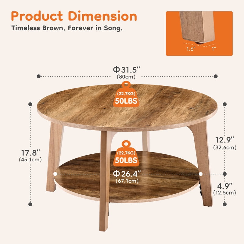 Gianna Round Coffee Table, 32" Wood Coffee Tables for Living Room with Storage, 2-Tier Center Circle Counter with Wooded Desktop, 50 lbs Capacity, Anti-Slip Feet, Brown