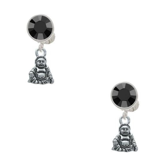 Delight Jewelry Silvertone Mini Buddha Black Crystal Clip on Earrings