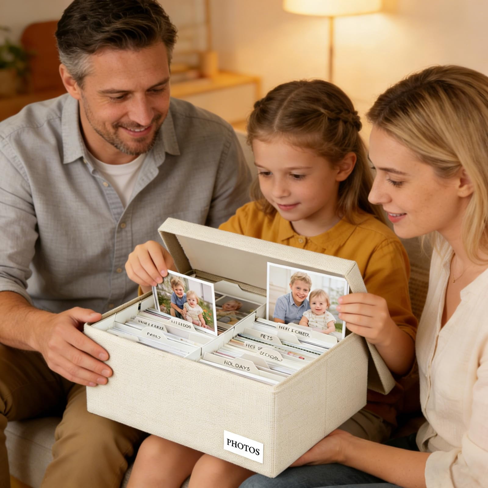 Beige 5*7 Inch Photo Storage Chest Linen Organizer with Dividers