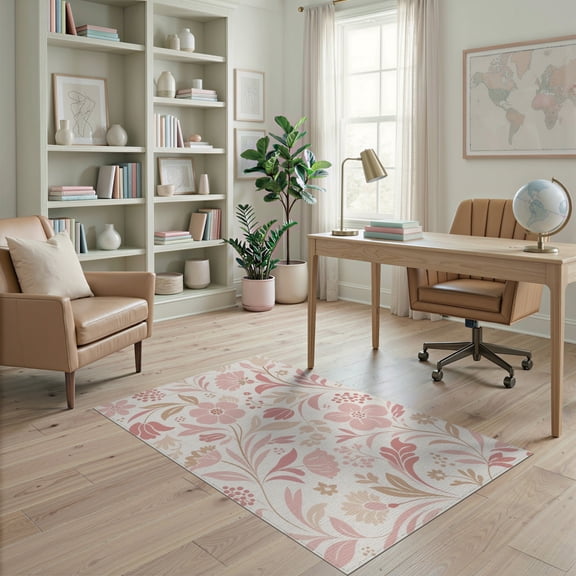 ODIKA 4'x6' Beige Pink Elegance Floral and Leaf Design Washable Area Rug Vintage Inspired Botanical Patterns for Home Decor for Dorm Room, Small Living Stain Resistant Low Profile, Easy Care