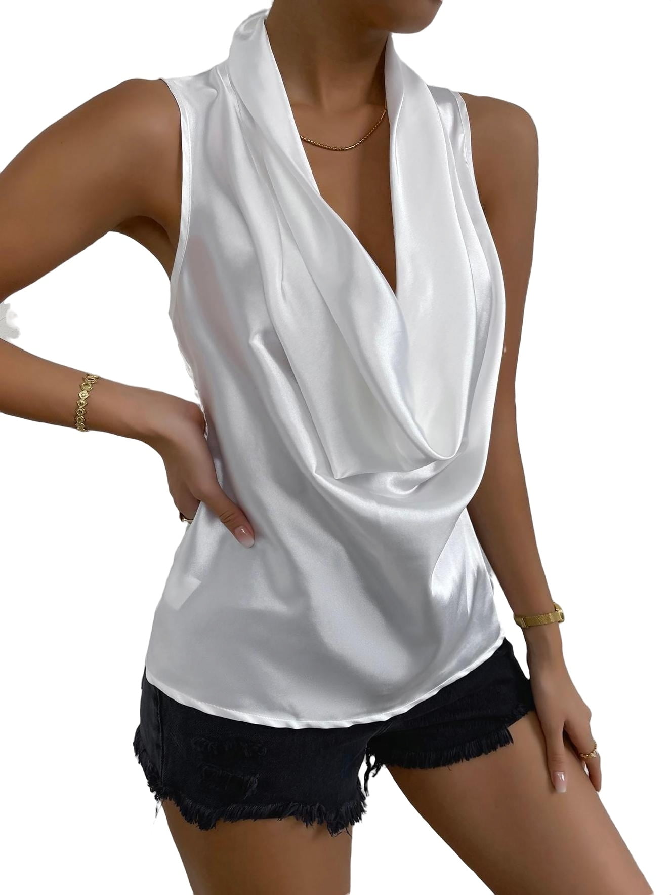 Women's Blouses Solid Cowl Neck Satin Blouse White L