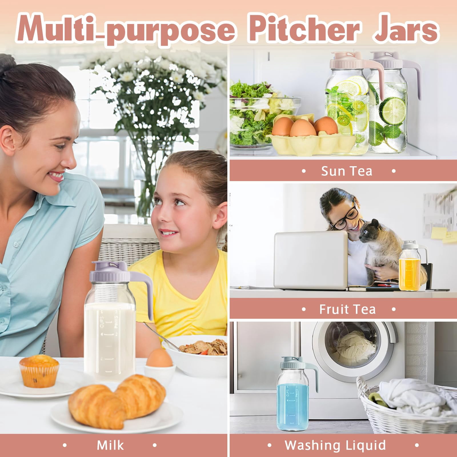 64oz Glass Pitcher With Lid & V-shaped Pour Spout - 2 Quart Breastmilk Double Leak Proof  Creamer Container For Sun Tea Juice Cold Brew Coffee Storage Containe