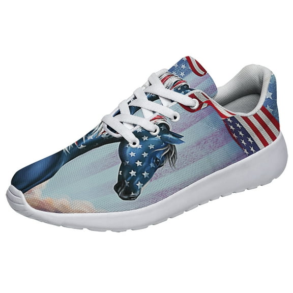 Patriotic Horse 4th Of July Shoes Independence Day American flag Print Sneakers Lightweight Comfortable Running Shoes for Men Women White Size 3.5