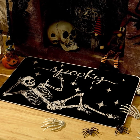 Sm:)e Spooky Skeleton Bone Day of the Dead Doormat, Black, 17x29 Inch
