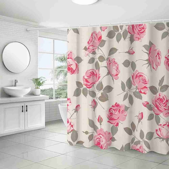 70x70 inch Beige Pink Rose and Gray Leaves Shower Curtain, Waterproof Polyester Fabric with Hooks for Bathroom Decor