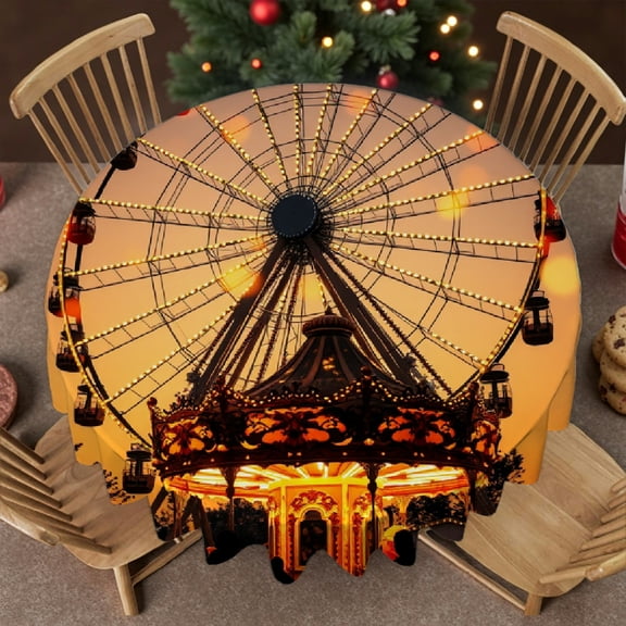 RKSupls 60 Inch Round Tablecloth, Carnival Ferris Wheel Polyester Table Cover - Soft, Stain Resistant & Washable Decor for Wedding, Party, Holiday, Home Dining