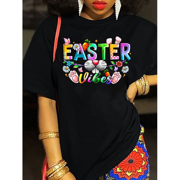 Easter Vibes T-Shirt, Casual Crew Neck Short Sleeve Top with Cute Bunny, Butterfly, and Floral Letter Print, All-Season