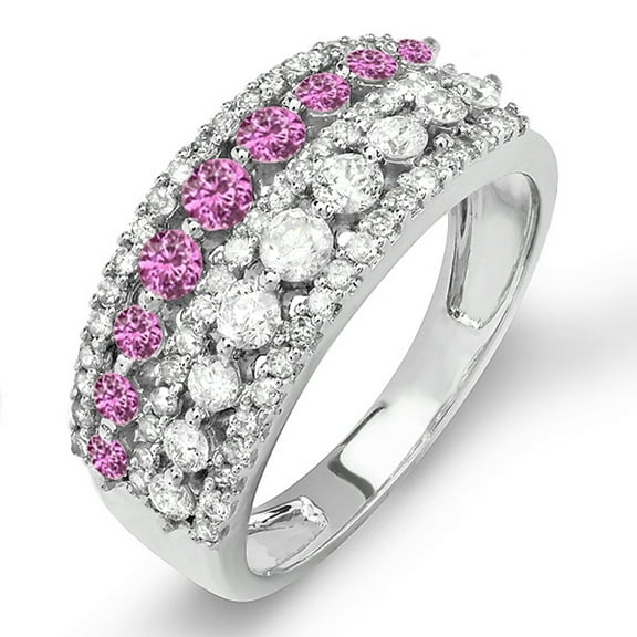 1.15 Carat (ctw) 10k White Gold Round Pink Sapphire And White Diamond Ladies Anniversary Wedding Band Ring