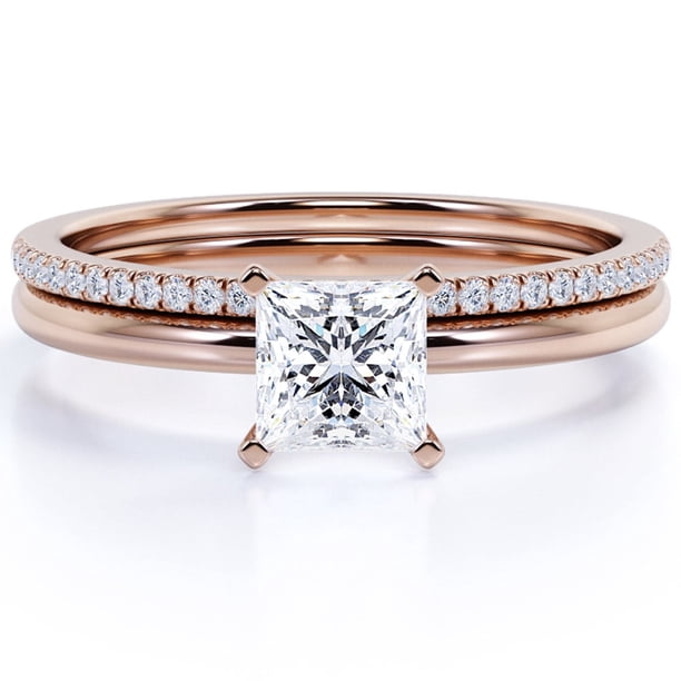 JeenMata Anillo de Bodas Asequible de Moissanita de Corte Princesa de 1,75 Quilates Engastado en Oro Rosa de 18 K sobre Plata para Mujer