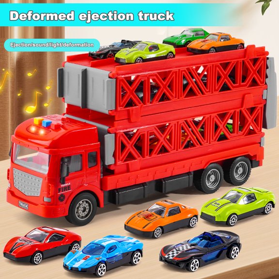 Xinwanna Speed Competition Deformed Ejection Truck Toy with 16 Mini Cars, Friction-Driven Mega Truck Toy with Lighting and Sound, 2-Tier Deformable Foldable Track Runway, Truck Toys for Toddlers, Red