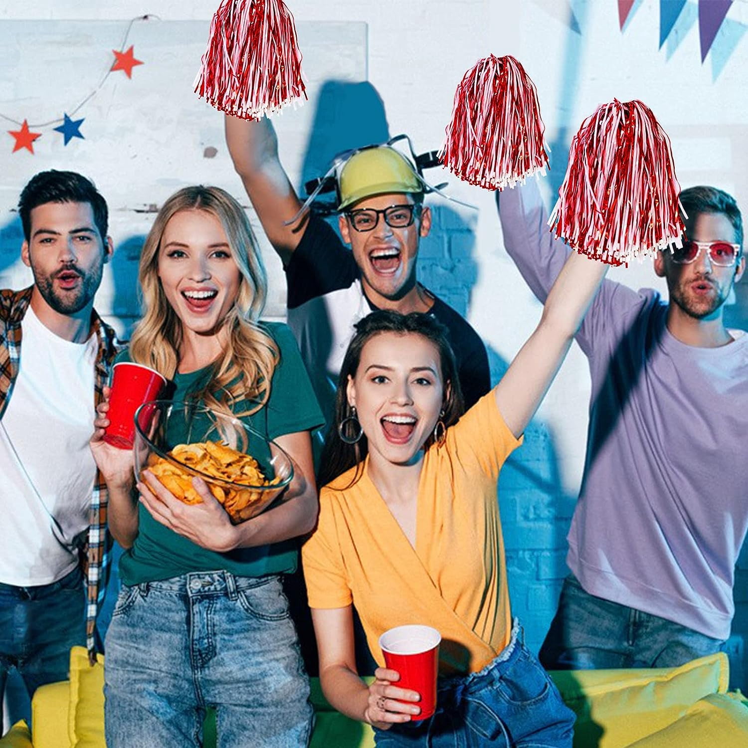 LINLIN 12Pcs Handheld Cheerleading Pom Poms, Metallic Foil Cheerleader Pompoms Hand Flowers for Team Spirit Sports Games Dance Party Durable & Lightweight