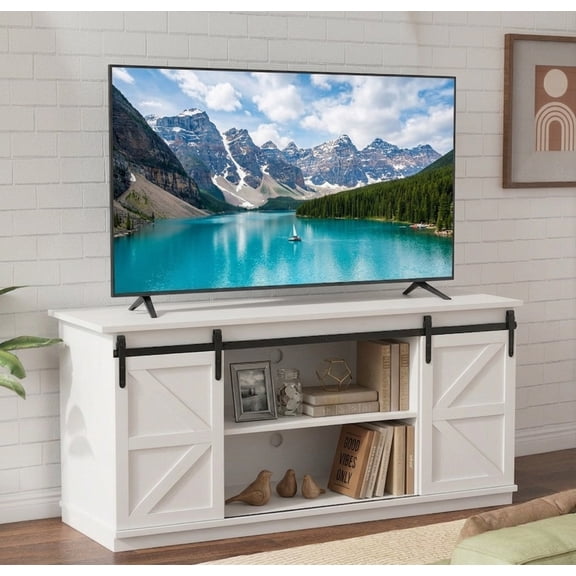 58'' Farmhouse Style TV Stand with Sliding Barn Door Storage, Suitable for TVs 65 inches and smaller, White
