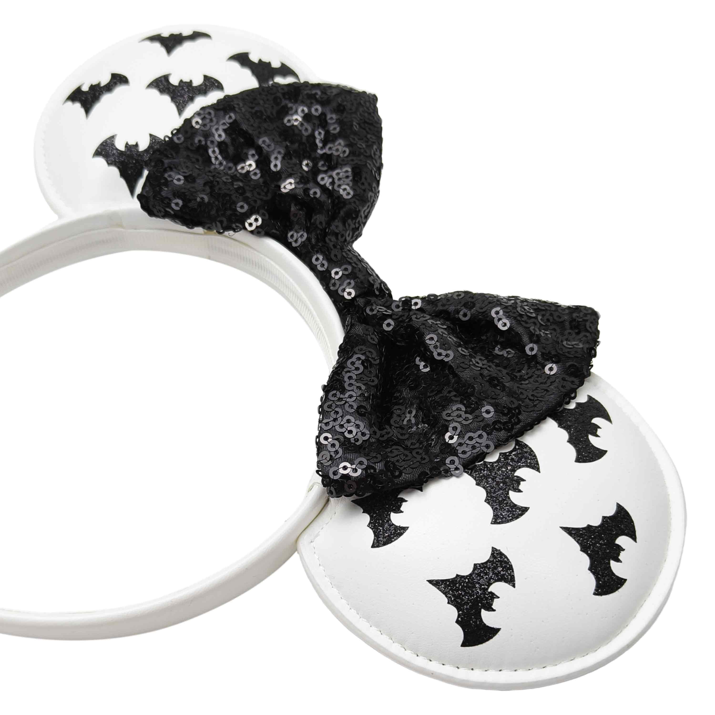 Disney Minnie Mouse Halloween White Faux Leather Bat Ears with Black Sequin Bow