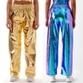 thumbnail image 2 of Quixlent Women Metallic Pants Elastic High Waist Casual Holographic Color Trousers Wide Leg Pockets Hip Hop Long Pants, 2 of 8
