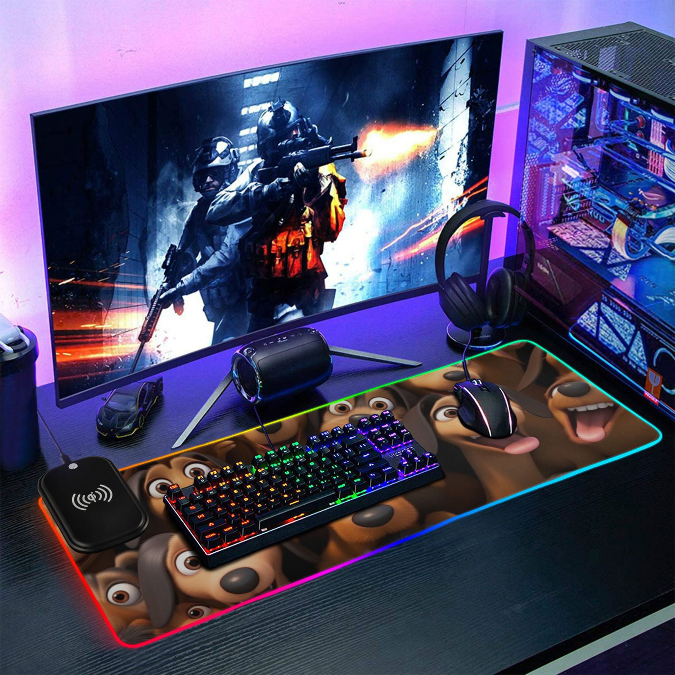Cartoon Dachshund Wireless Charging RGB Gaming Mouse Pad Large Keyboard Mat Rubber Base 13 Light Modes