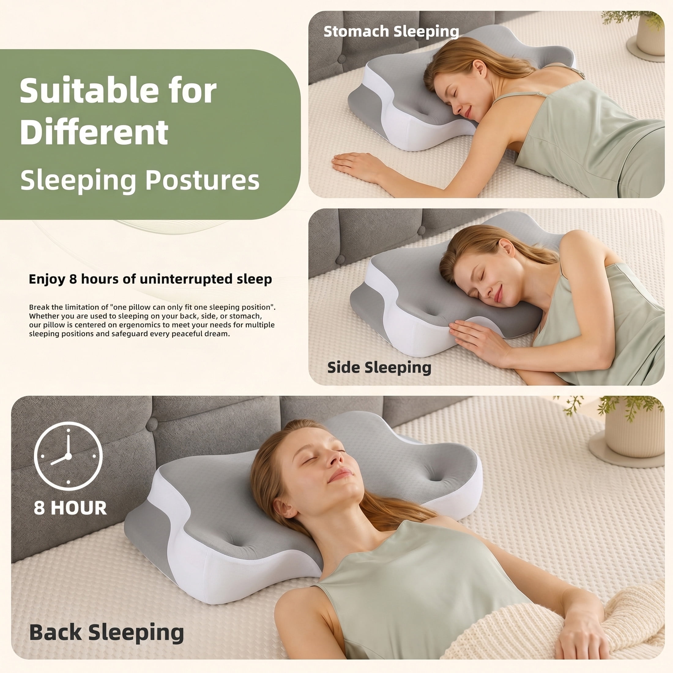 EDX 24 x 16 inch Cervical Ergonomic Pillow - Memory Foam Neck Pain Relief for Side/Back/Stomach Sleepers, Grey