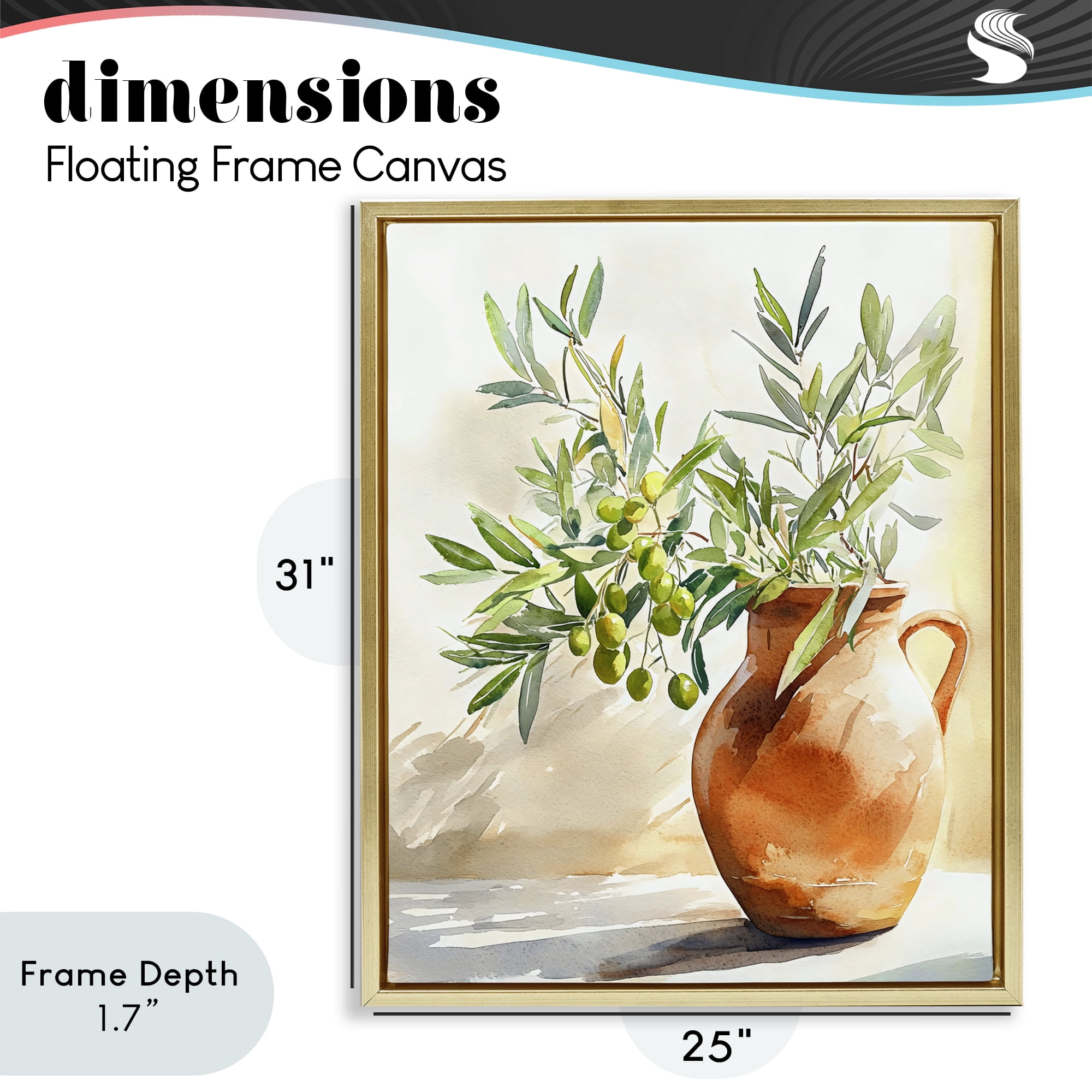 Stupell Industries Olive Branch in Terracotta Vase Gold Framed Floater Canvas Wall Art, design by LSR Design Studio