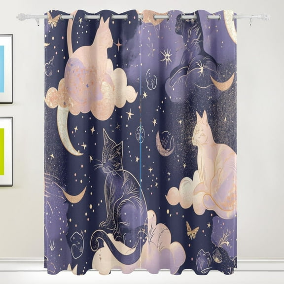 Cat in Moon Sky Clouds Black Out Curtains 72 Inch Length Curtains for Sliding Glass Doors Bedroom Living Room 2 Pack