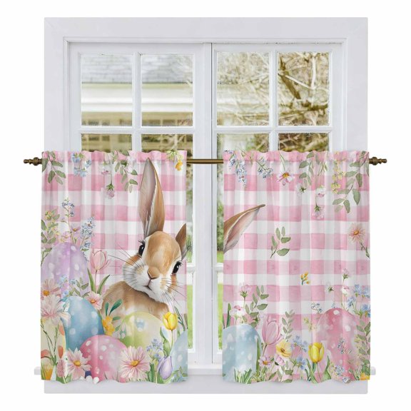 Easter Kitchen Curtain for Berdoom Living Room Cafe 54 Inch Length, Spring Rabbit Eggs Nature Botanicals Pink Plaid Tiers Curtains Light Filtering Drapes Window Treatment 2 Panels 52"Wx54"L