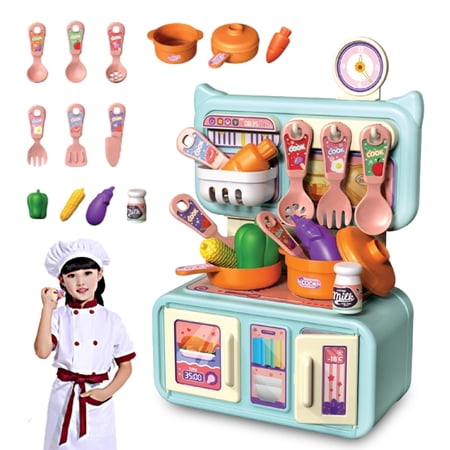 Kids Mini Pretend Kitchen Playset Blue Simulation Cooking Stove Toy Safe Smooth ABS Plastic Chef Role Play Toy Educational Birthday Holiday Gift for Toddler Boys Girls Ages 3+