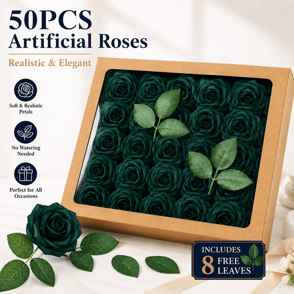 MEYRKLOE 50Pcs Artificial Flowers, Foam Roses with Stems, Hunt Green Fake Roses for Wedding Bouquet, Floral Arrangement, Party Centerpiece & Decor