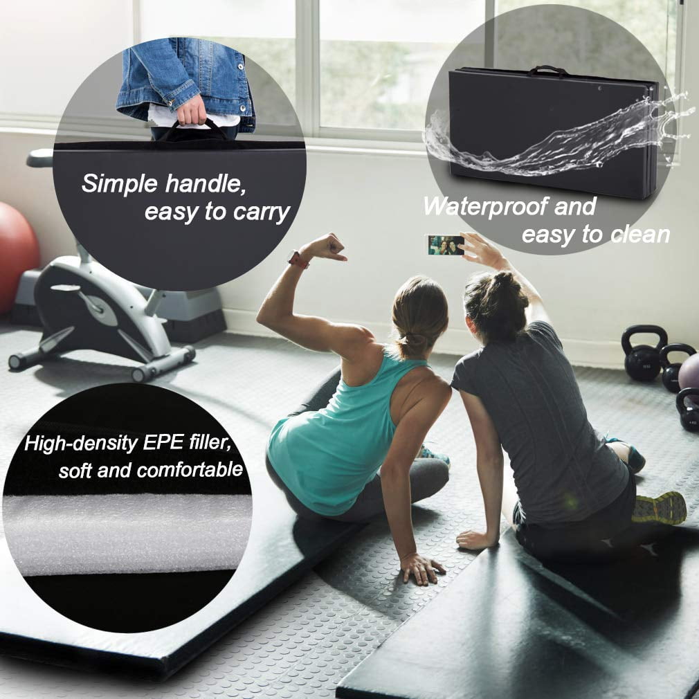 PayLessHere Foldable Gymnastics Mat 4'x10' PU Leather Tumbling Yoga Mat for Home Outdoor，Black