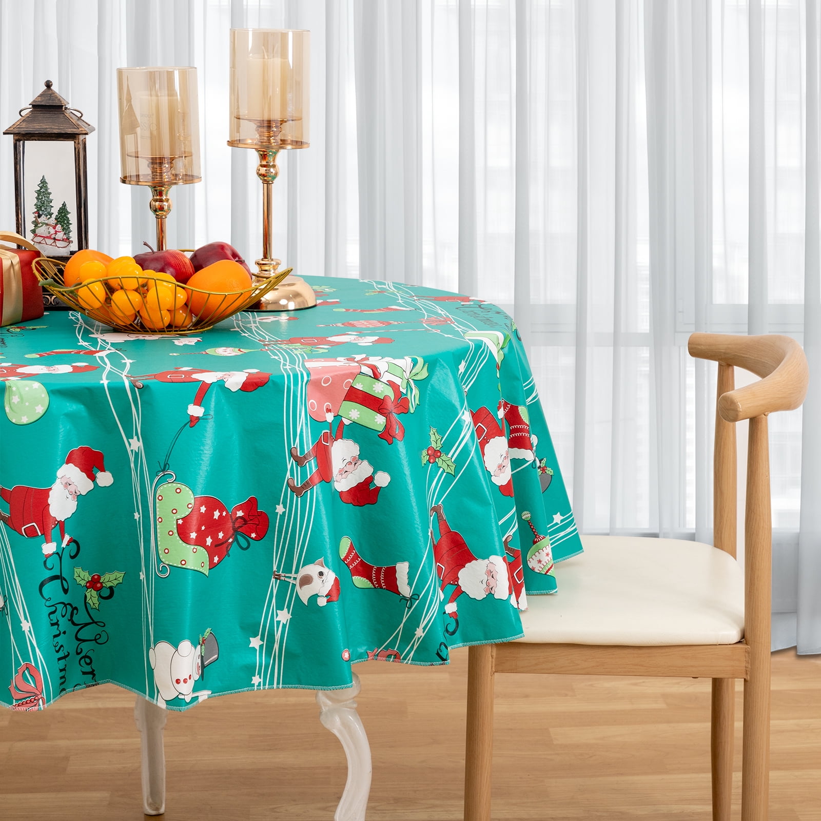 RAY STAR Round Christmas Tablecloth 60 inch Rectangle Xmas Tablecloth Waterproof Vinyl Tablecloth with Flannel Backing