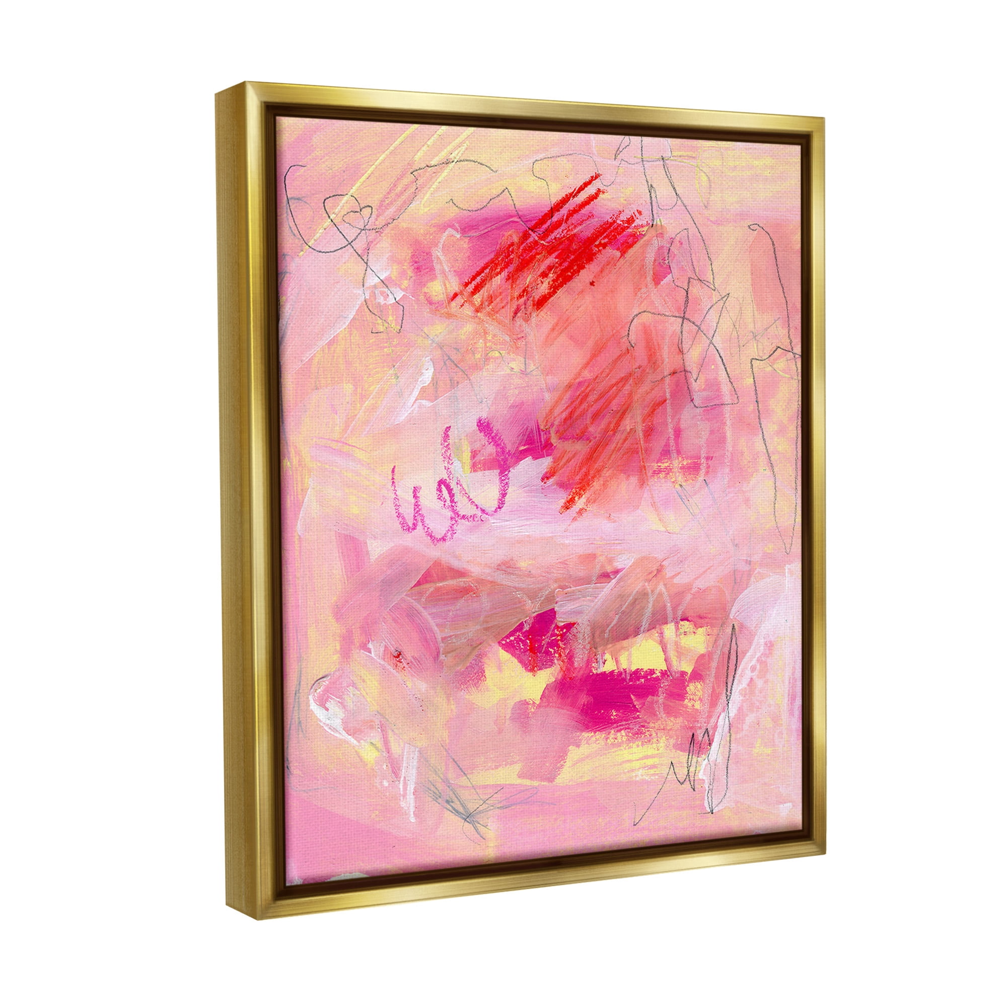 Stupell Industries Pink Chaotic Scribble Abstract Painting Gold Floater Framed Canvas Art Print Wall Art, 17 x 21