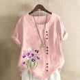 thumbnail image 2 of Womens Linen Shirts Cute Summer Tops Casual Linen Round-Neck Top Printed Short Sleeve Button T-shirt Blouse S, 2 of 4