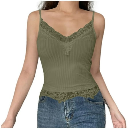 QYZEU Plus Size Tank Tops for Women Dressy Lace Trim Ribbed Deep V Neck Crop Camisole Sexy Slim Fit Sleeveless Tank Top Bodysuit Soft Breathable Lightweight Tops Green S