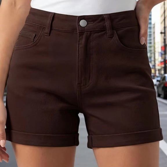 Women's High Waisted Denim Shorts Cuffedrelaxed Fit Brown Jean Shorts Summer Casual Bottoms by Yigetop Coffee L