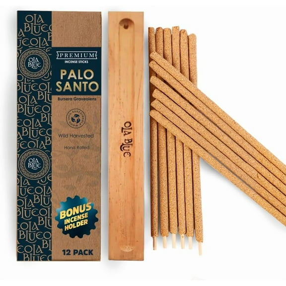 Ola Blue Palo Santo Incense Sticks (12 Pack) from Peru Premium Authentic - Handmade & Hand Rolled Natural Wood - Cleansing Bad Energy & Relieve Stress Holy Wood (Bursera Graveolens Wood)