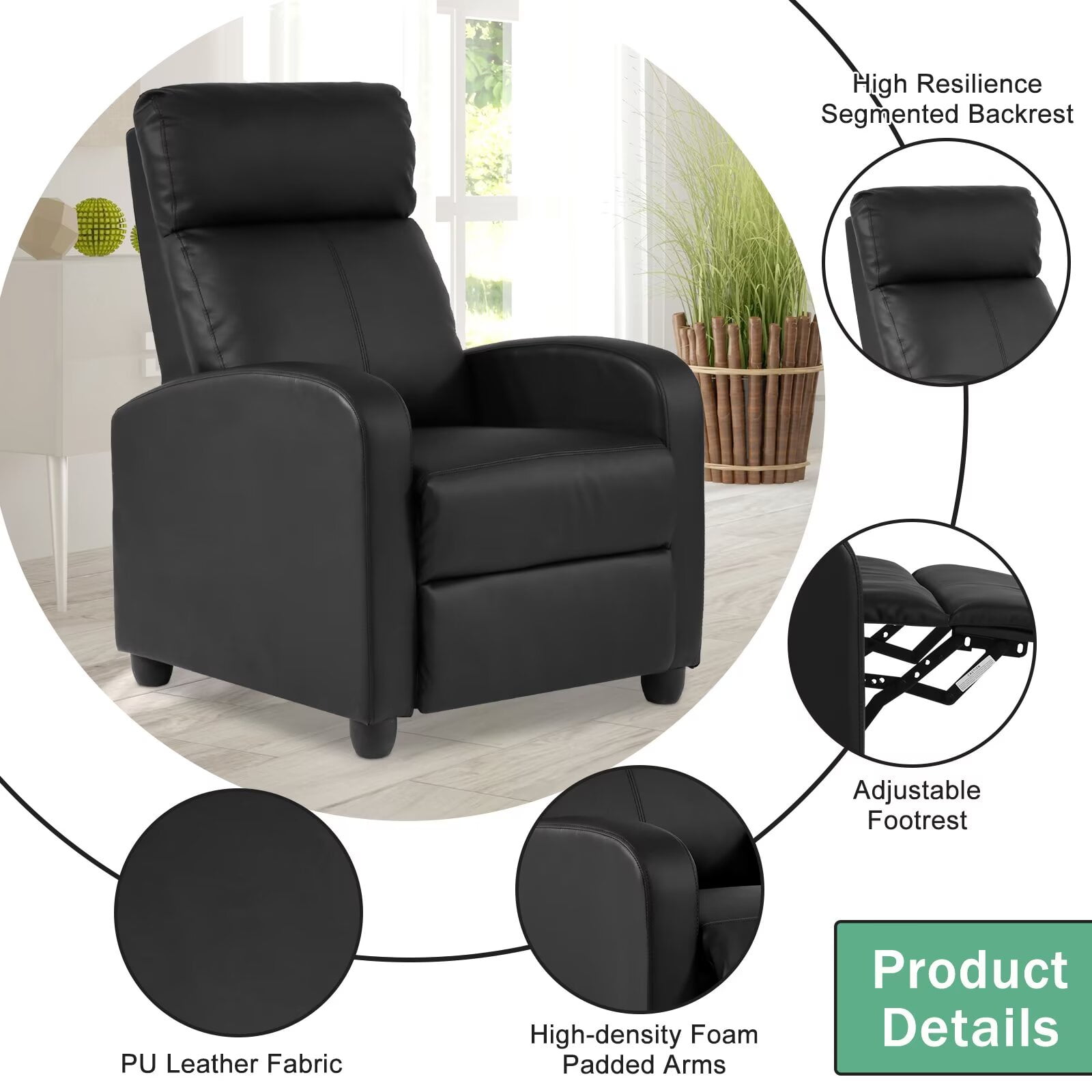 YRLLENSDAN Recliner Chair for Living Room Home Theater Seating Single Sofa Lounge with Padded Seat Backrest PU Leather for Adults, Black