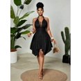 thumbnail image 4 of Black High Stretch Halter Neck Dress With Metal Buckle, Asymmetric Hem, Ruched Waist, Backless Design, 4 of 8