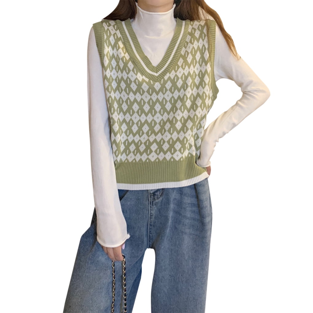 Womens Knitted Sweater Sleeveless Pocket Vest V Neck Waistcoat Tops loose blouse 