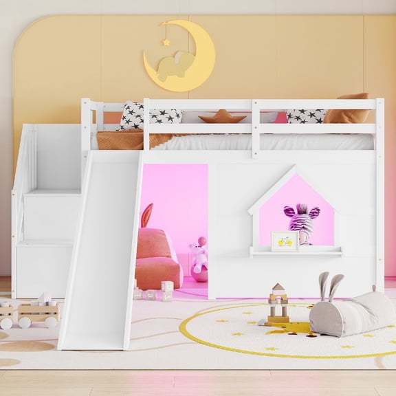Twin Loft Bed Frame with Storage Stairs and Slide, LED Lights Playhouse Wood Loft Bed Frame with Window and Storage Shelf for Bedroom, Apartment, Dorm, Mattress Not Included, White