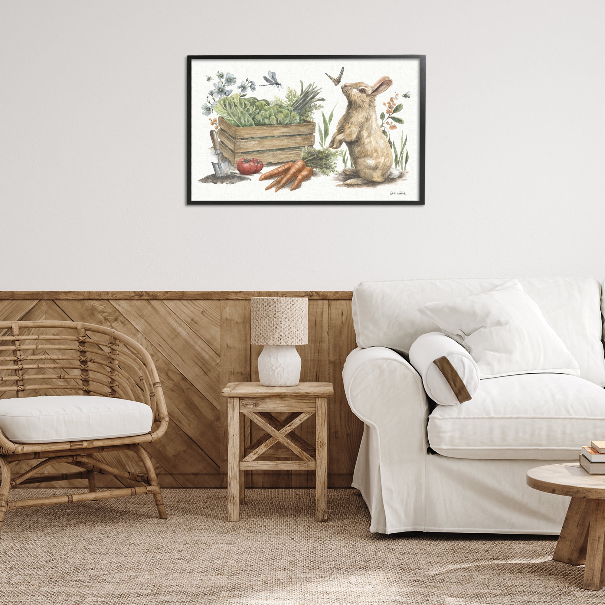 Stupell Industries Gardening Bunny Scene Botanical & Floral Painting Black Framed Art Print Wall Art, 30 x 20
