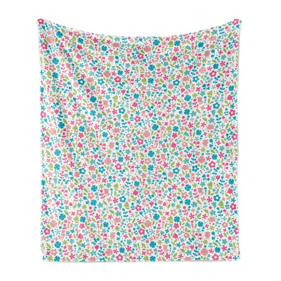 Baby Soft Flannel Fleece Blanket, Colorful Doodle Floral Pattern Polka Dots Blooming Nature Influenced Abstract Design, Cozy Plush for Indoor and Outdoor Use, 50" x 60", Multicolor, by Ambesonne