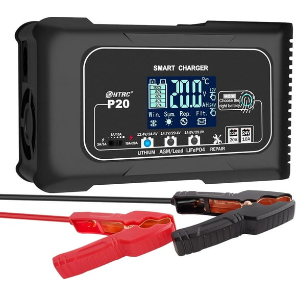 20-Amp Smart Battery Charger,Lithium,LiFePO4,Lead-Acid(AGM/Gel/SLA.) Car Battery Charger,Trickle Charger, Maintainer/deep Cycle Charger,12V/20A and 2