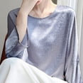 thumbnail image 4 of SSZMDLB Women Silk Satin Long Sleeve Tshirt Round Neck Flowy Casual Basic Blouse Travel Vacation Outfits Summer Tops, Gray M, 4 of 6