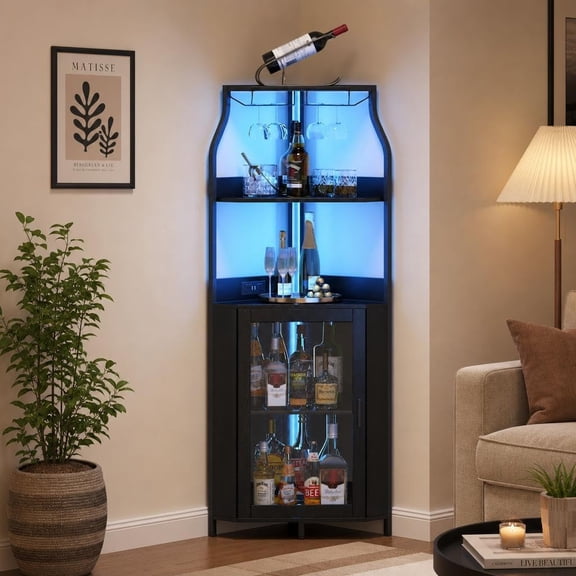 Corner Bar Cabinet with LED Lights Wine Rack Glass Holder and Adjustable Shelves Black