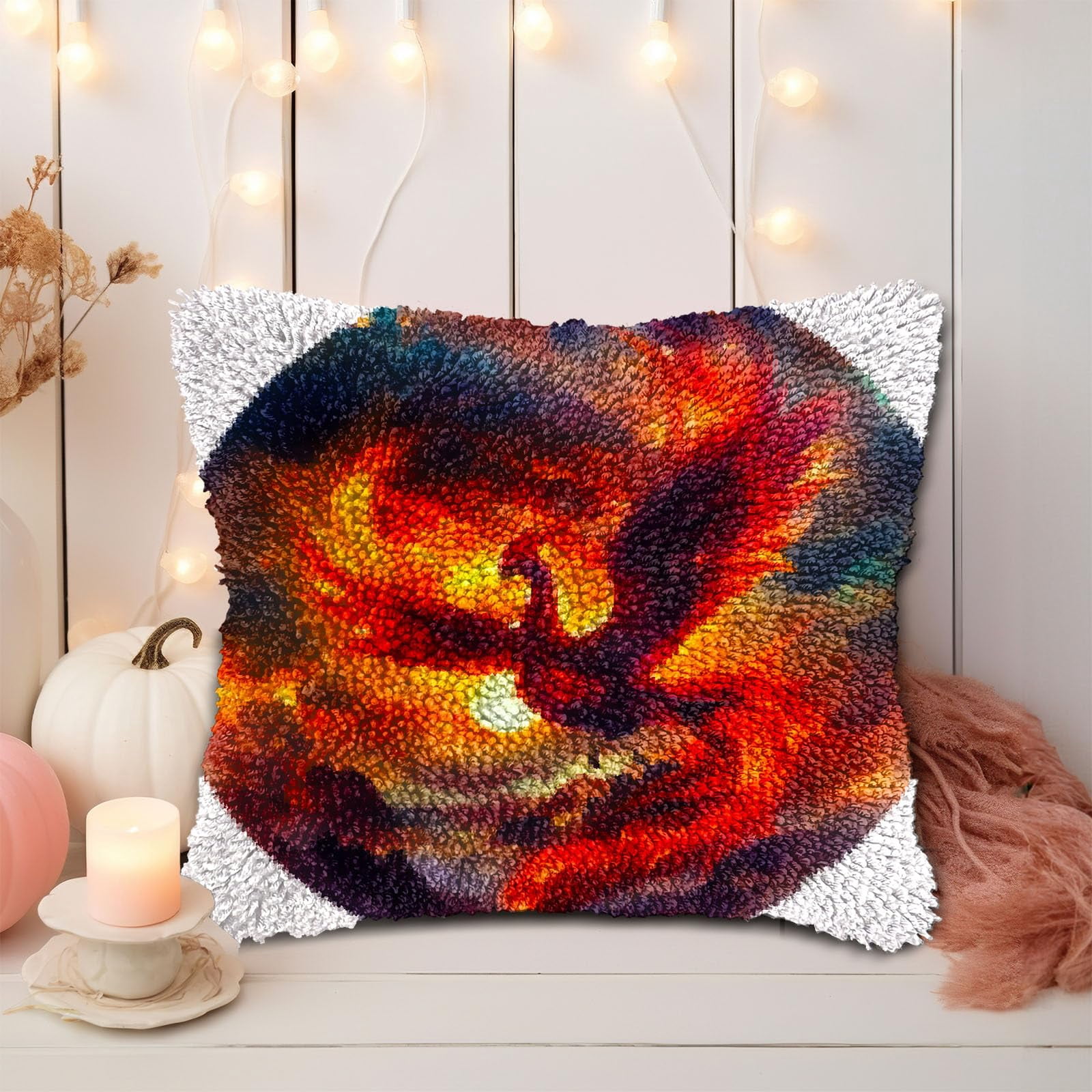 Red Bird Flying in Fire DIY Latch Hook Pillow Kits for Adults Printed Pillowcase Crochet Yarns Hooking Handmade Pillow Cover Cushion for Home Sofa Decoration 17x17inch(1)