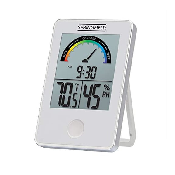 Springfield Wireless Indoor Comfort Level Thermometer – Digital Temperature & Humidity Monitor with Clock & Memory, 14°F to 122°F Range, Tabletop Room Gauge with Plastic Display (White)