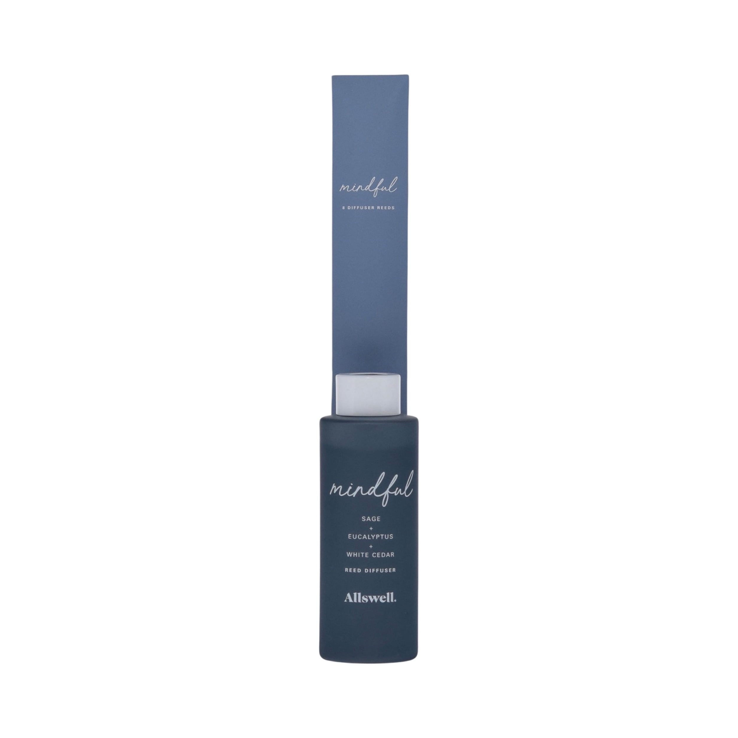 Allswell Mindful (Sage + Eucalyptus + White Cedar) Scented Reed Diffuser 3 Fl Oz (90mL) With 8 Synthetic Reeds.