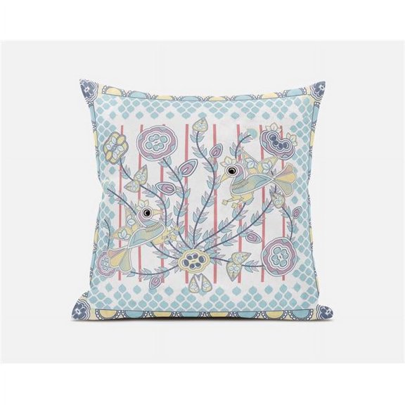 Amrita Sen Designs 20 x 20 in. Pond Peacock Broadcloth Indoor & Outdoor Zippered Pillow - White, Light Blue & Muted Yellow