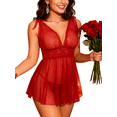 thumbnail image 3 of ValueVibe Lingerie Sets for Women Sexy Polka Dots Lace Sheer Mesh V Neck Babydoll Teddy Night Dress, Red XL, 3 of 5