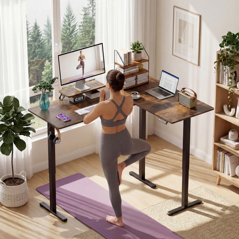 Homall L-Shaped Electric Standing Desk with Monitor Stand, 63 x 48 inch Height Adjustable Sit Stand Corner Desk, Computer Workstation for Home Office, Vintage